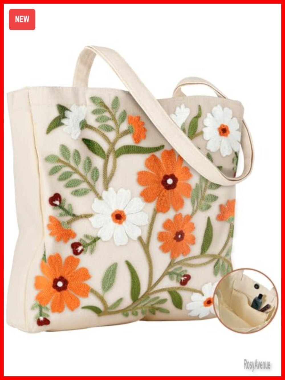 Floral Embroidery Linen Canvas Tote Bag Reusable Grocery Bag with Pocket